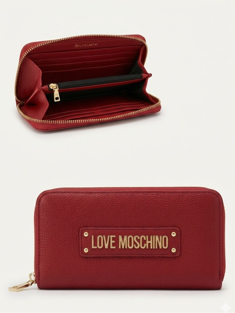 Love Moschino NEW Red Gold Pebble Leather Logo Zippy Wallet Clutch Organizer